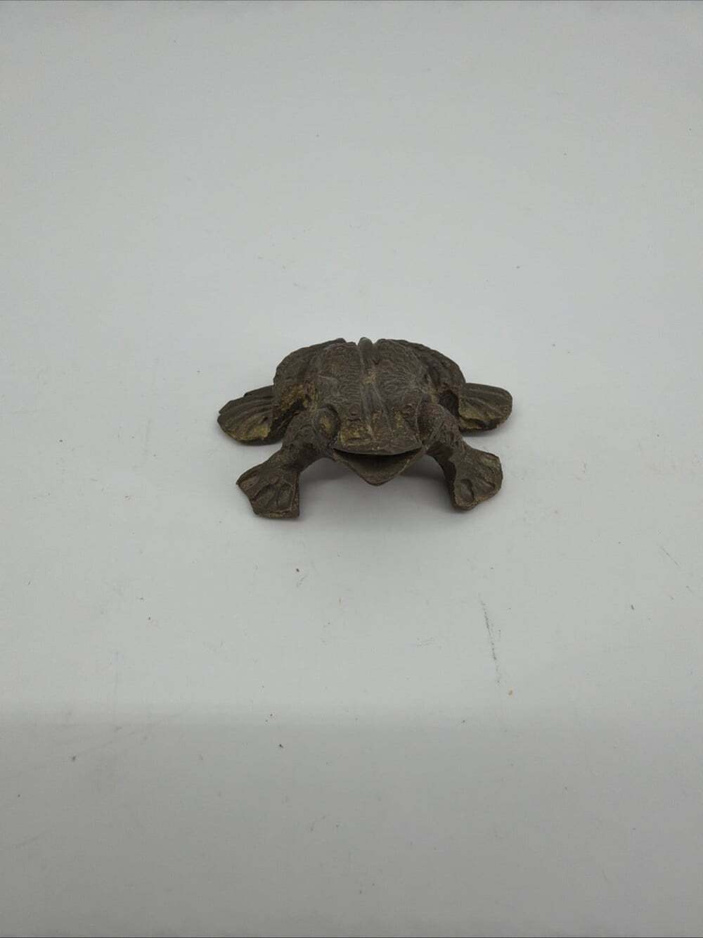 Vintage whimsical brass frog figurine with a beautiful patina, 2” tall